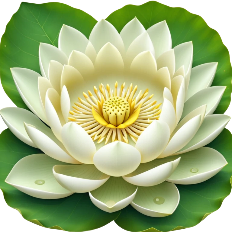 Pure white lotus flower with botanically accurate yellow seedpod center with distinct holes pattern, surrounded by pristine white petals and floating on a green notched lotus leaf emoji