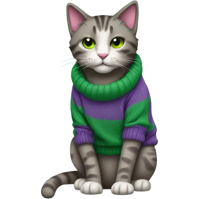 A homeless cat with a purple sweater and green socks emoji