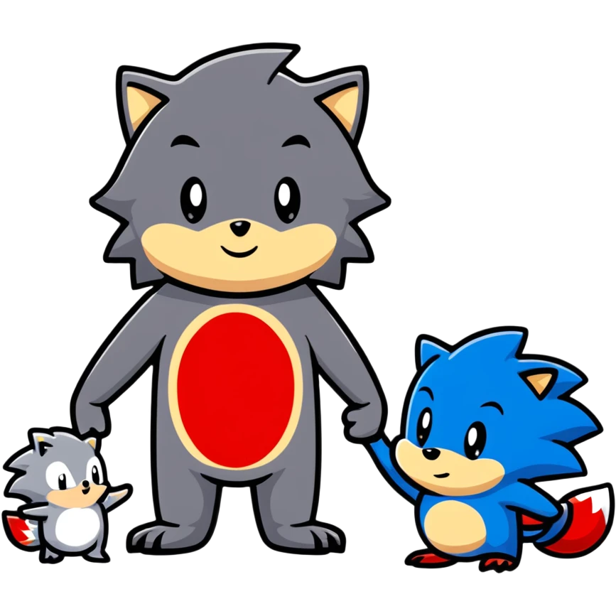 Sonic the blue hedgehog, Shadow the black and red hedgehog, and baby Silver the white hedgehog holding hands together in a line emoji