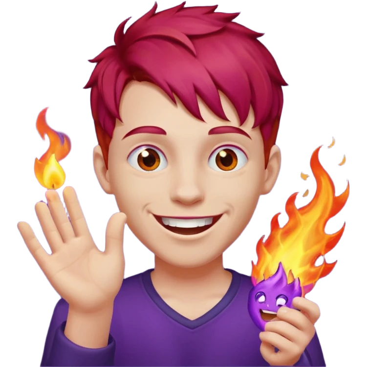 Make a red hair boy, his hand has purple fire and only one eye and laughing emoji