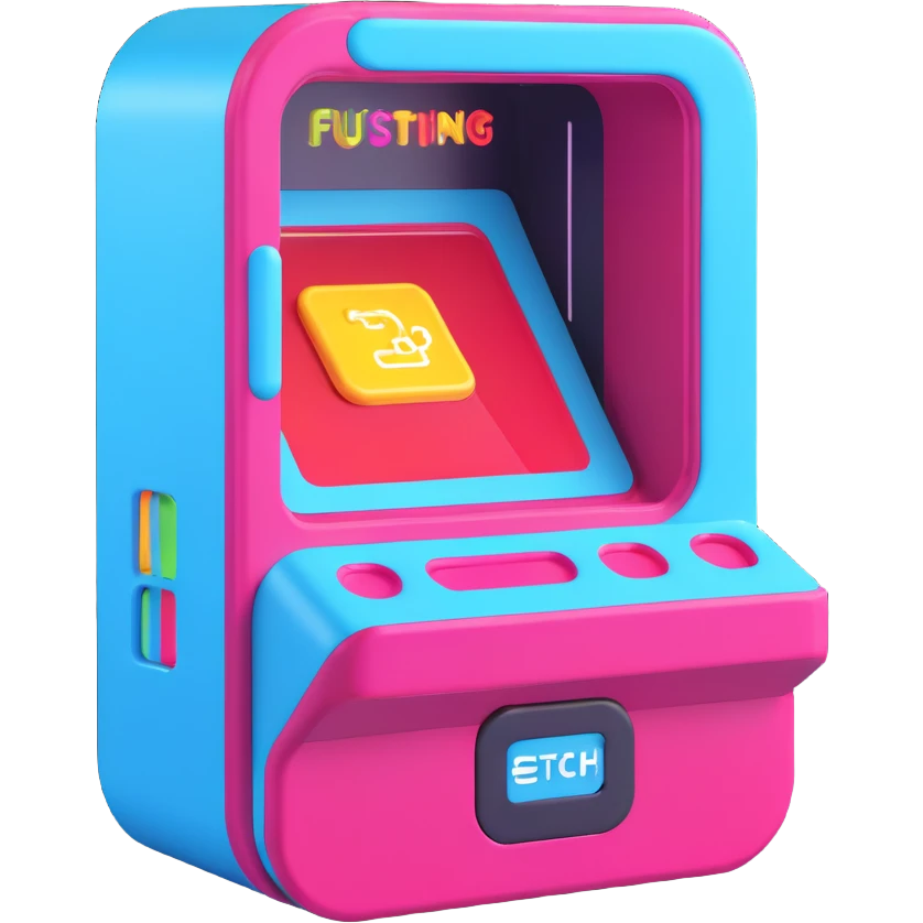 futuristic 3D sticker machine box loosely inspired by Etch A Sketch, digital elements, vibrant stickers emerging from a slot, playful and innovative look emoji
