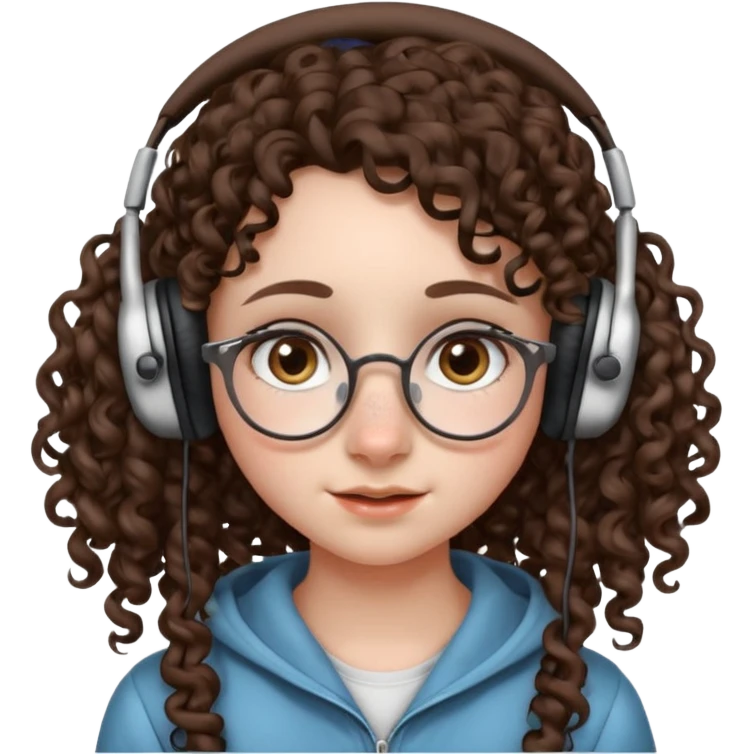 brunette kid with unique face features and very curly long hair kid girl neutral and very big nose and ears and dark eyes with freckles kind of nerd looking and headphone wearing no glassess just nose piercing very big one emoji