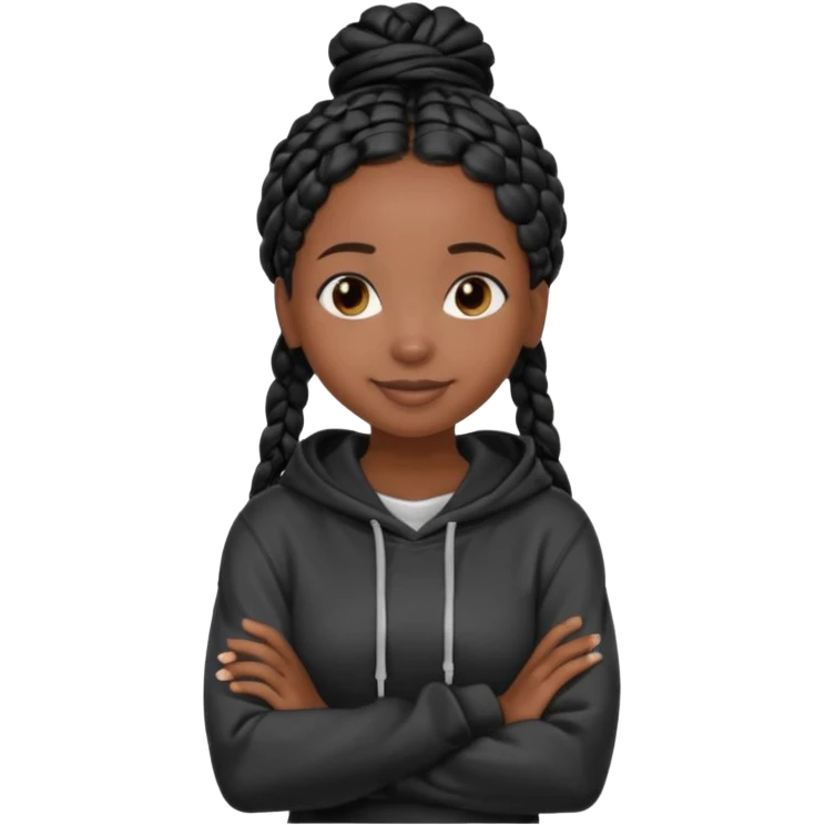 African American dark skin girl with long black box braids wearing a plain black hoodie  with arms folded across chest emoji