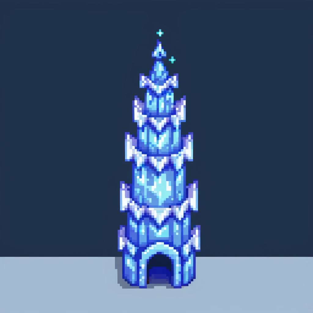 Magical ice tower home for a penguin wizard with glowing windows and magical aura emoji