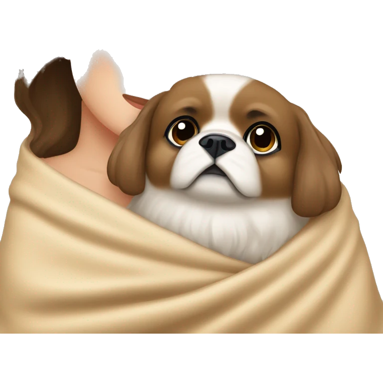 A Women with brown hair is cradling her Pekingese in a beige blanket emoji