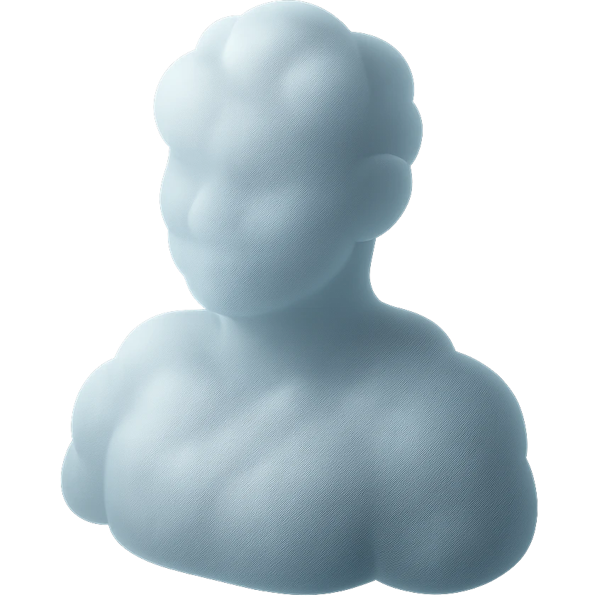 person made entirely of white fluffy convex clouds, shoulder up, front view, matte glass style emoji