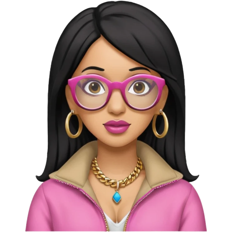 rapper Cardi B black hair, pink cloth wear glasses emoji