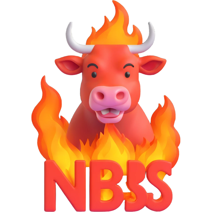 bold text 'NBS' in front of a strong 3D bull, both outlined in fire, designed as a Discord emoji emoji