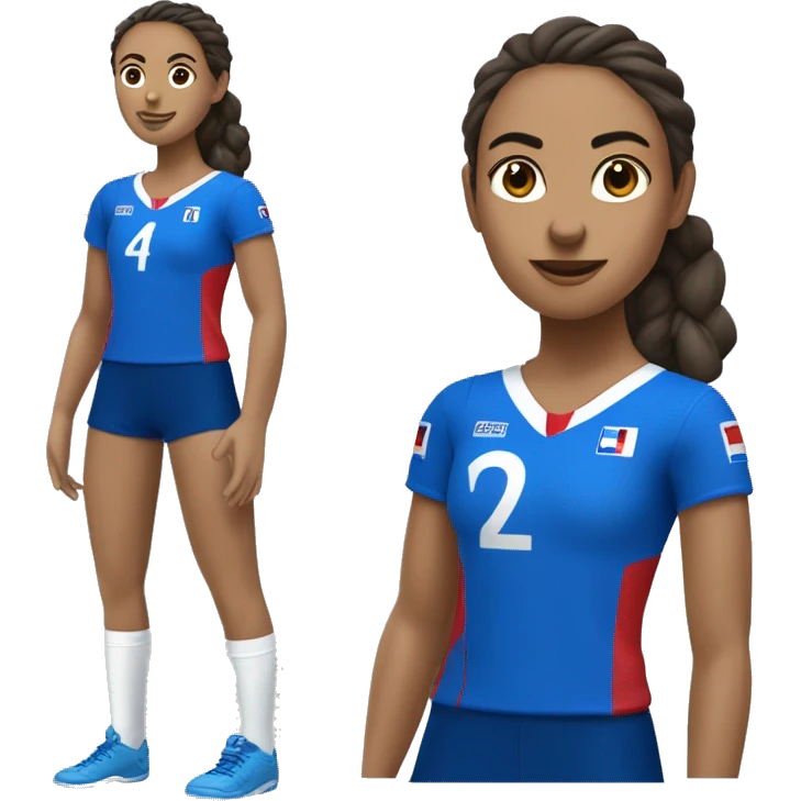 jugadora de voley con vestimenta azul francia morocha y camiseta numero 4 emoji