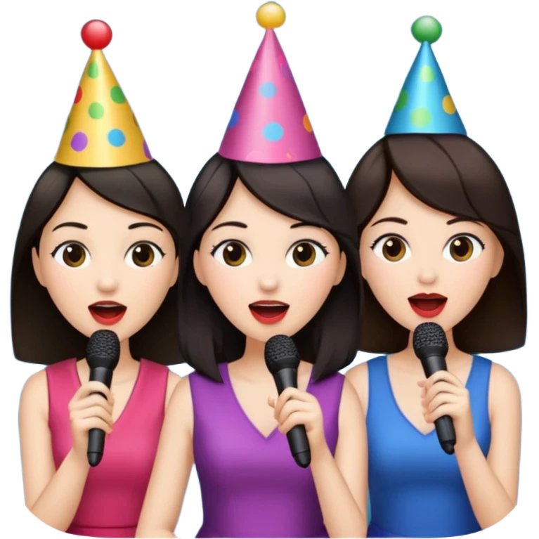 3 amigas en un karaoke cantando todas blancas de piel y con pelo moreno emoji