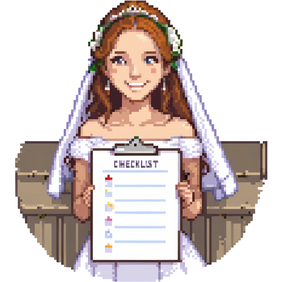 bride holding a wedding checklist, smiling emoji