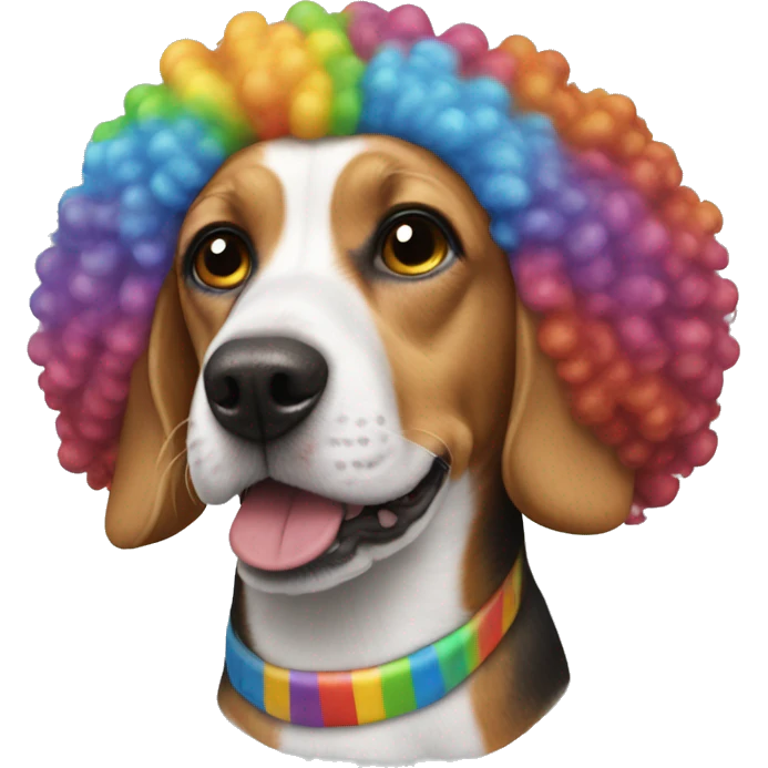 Beagle with a curly Afro rainbow clown wig emoji