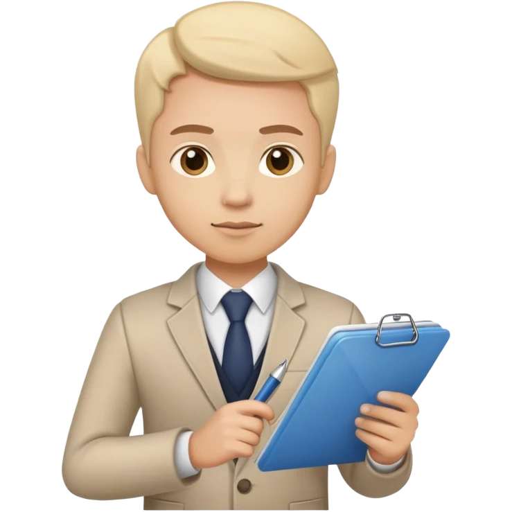 A person holding a checklist and pen is wearing smart casual clothing. The character is in a focused pose emoji