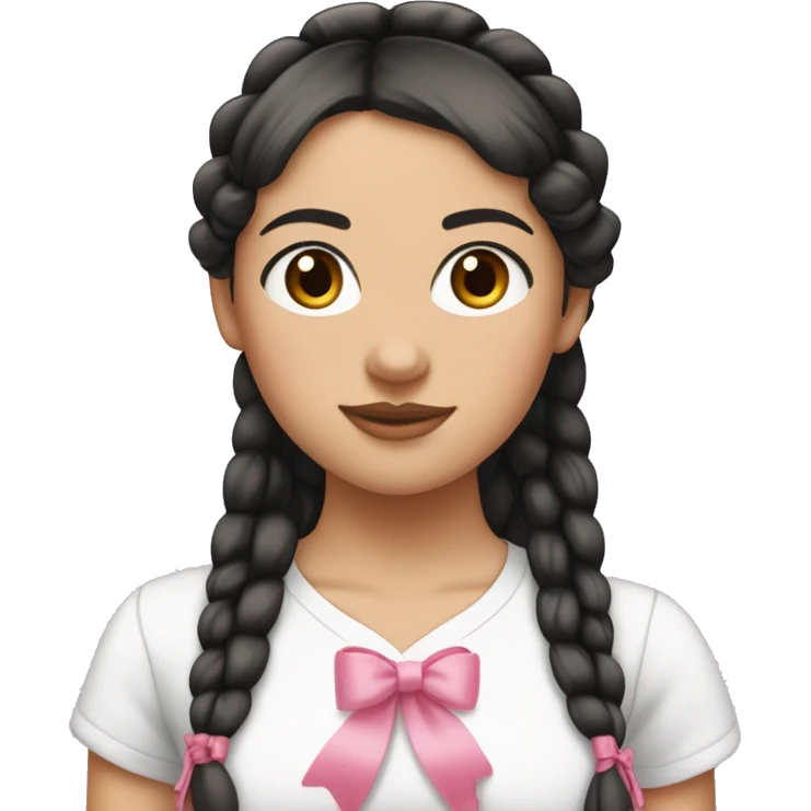 A white girl wearing white T-shirt with two tall braids and (bangs) with pink ribbon bow on each braid looking forward..black hair and brown eyes small nose and pink lips emoji
