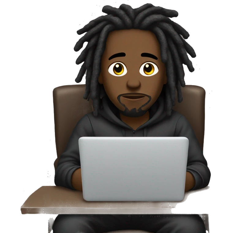 Black-guy-with-dreads-wearing-black-trackstuit-sitting-down-on-chair facing-foward-focused-on-laptop-computer- emoji