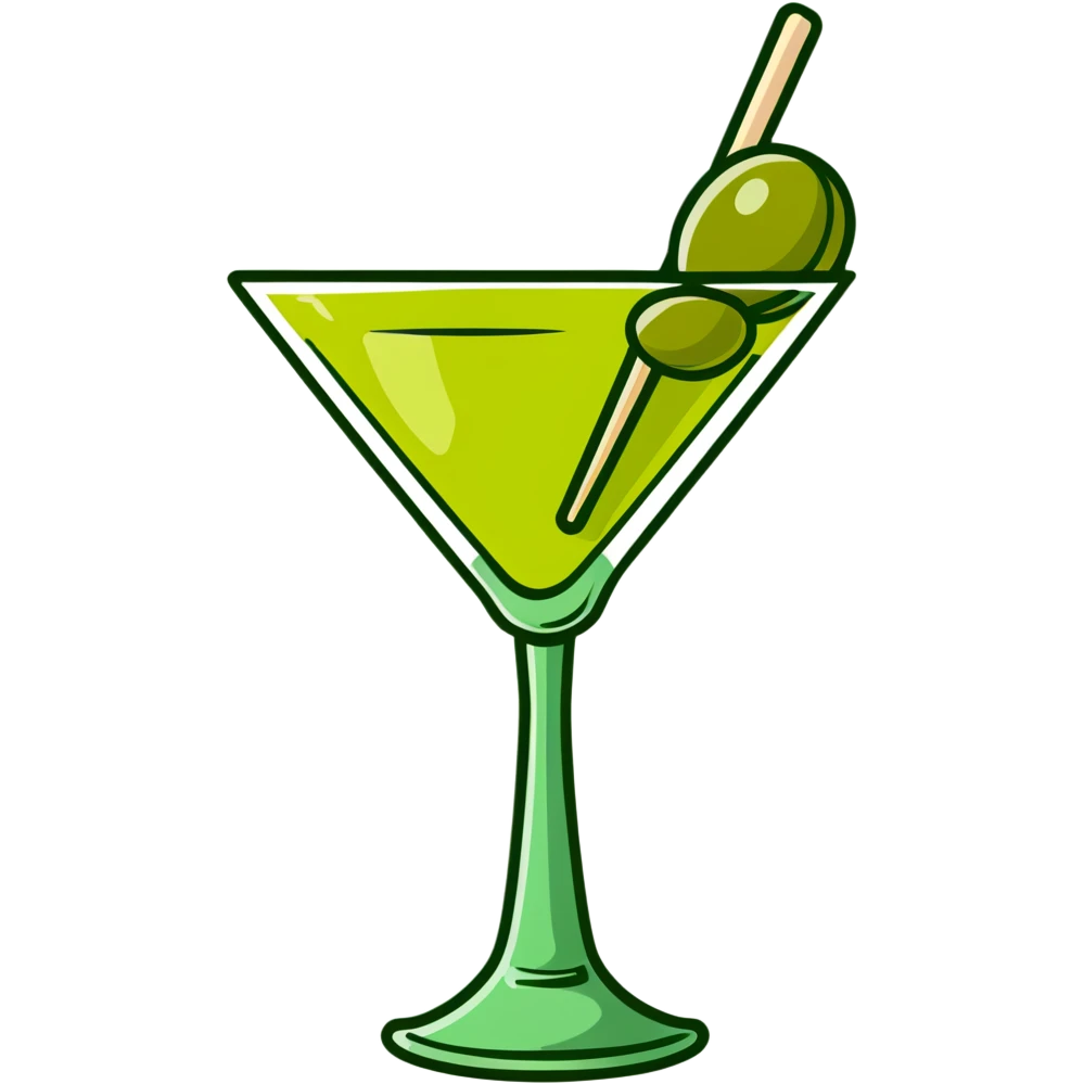 martini glass with completely colorless transparent liquid like pure water, with a green olive at the bottom skewered by a toothpick emoji