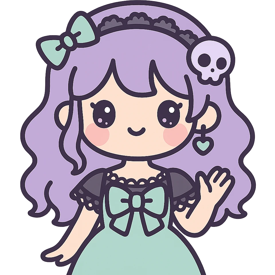 dreamy pastel goth K-pop girl, soft lavender and mint colors, gothic lace, whimsical pose, adorable accessories emoji