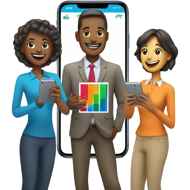 group with three happy person with a smartphone showing charts emoji