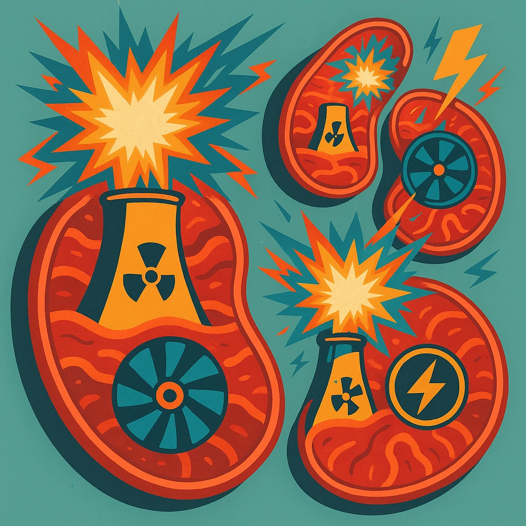stylized mitochondria as nuclear power plants, visible energy explosions, turbines and energy symbols, updated DALL·E 3 style, vivid colors, only energetic elements, neutral background emoji