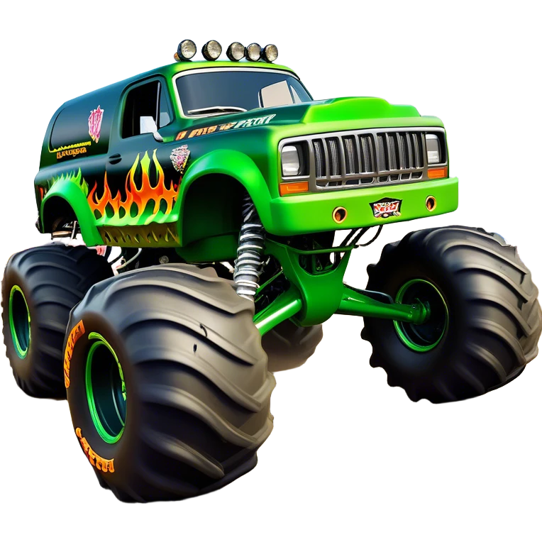 Grave Digger - Monster Jam (Model Year: 2022) (Iconic colour: Green with flames) - A legendary monster truck with a fearsome design: predominantly deep green with dynamic, vibrant flame graphics in bright orange and yellow. Highlight its rough, edgy bodywork and an aura of untamed rebellion. emoji