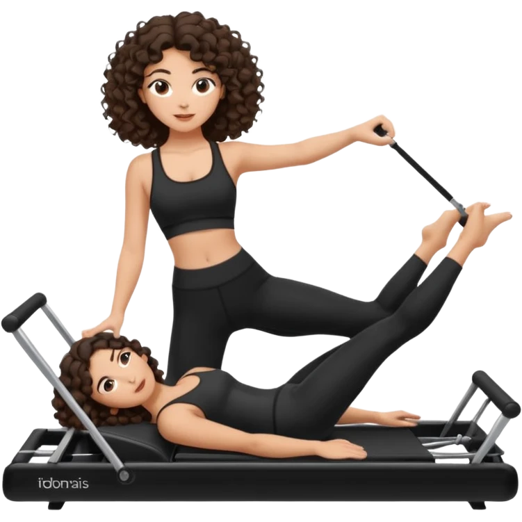brunette,curly hair shoulder lenght,turkish,beautiful,with some eyelined eyes, 3b girl doing reformer pilates with black pilates cutesy set,on reformer machine,making different moves. emoji