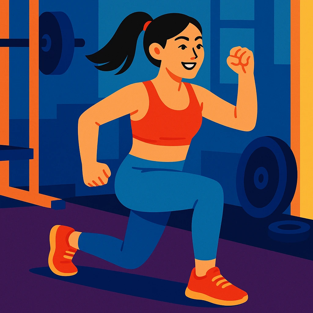 Asian woman doing a routine workout, energetic, fitness attire, gym background emoji