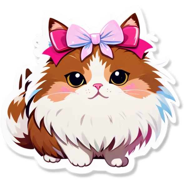 Brown and white fluffy cat with pink bow  emoji
