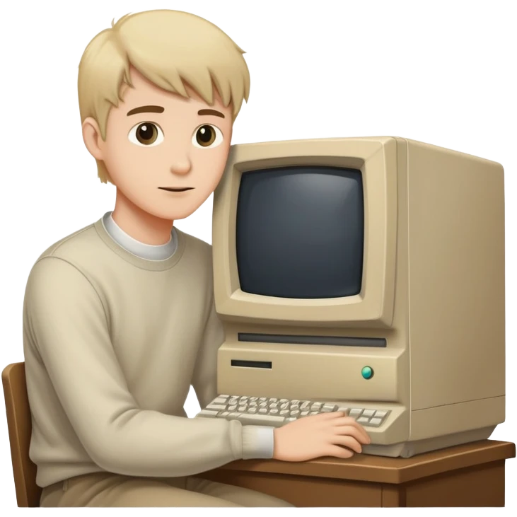 Young man sitting at a very old desktop computer from the 1990s with CRT monitor and beige tower emoji