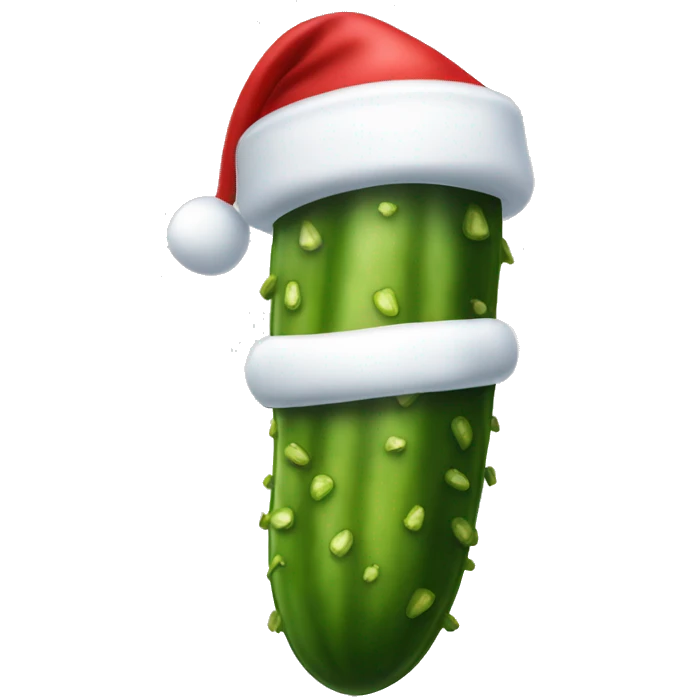 A big Christmas dill pickle wearing a Santa hat emoji