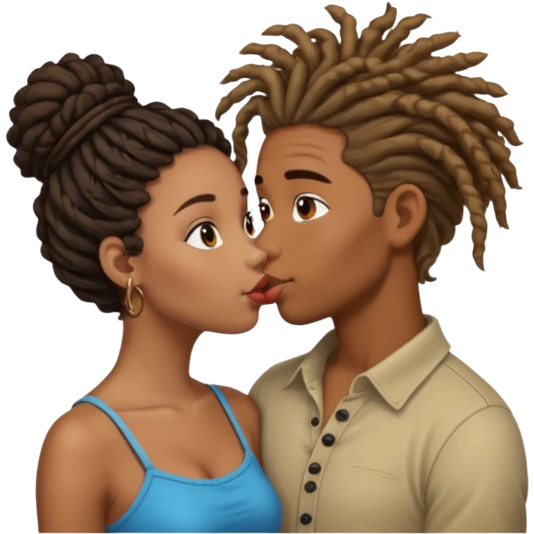 Brown boy with dreadlock kissing black girl with curly bun emoji