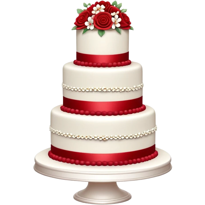Elegant multi-tiered red wedding cake with white decorations and flowers emoji