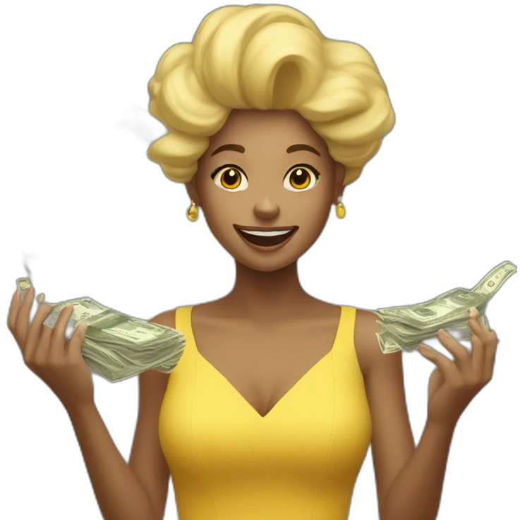 a girl in a yellow dress tosses money up in the air emoji