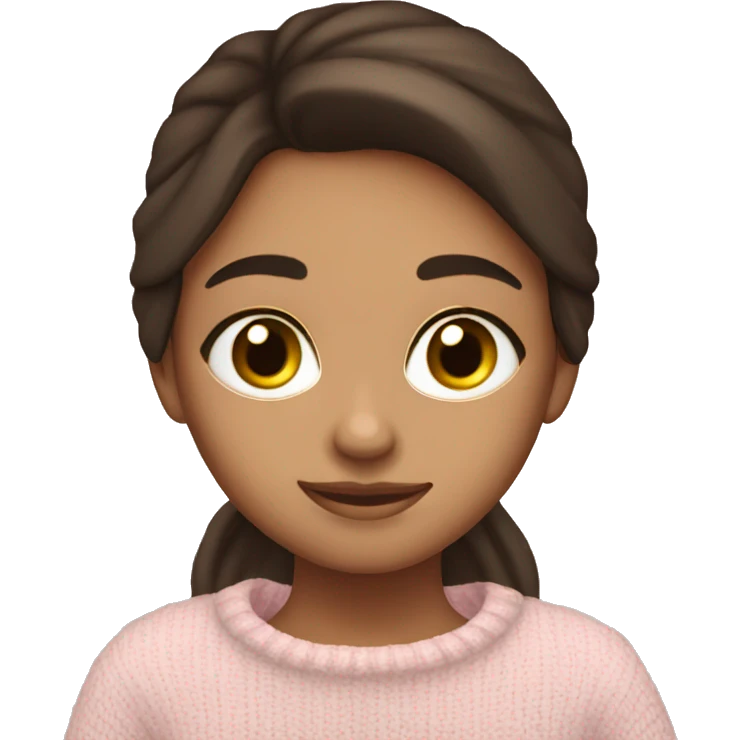 Pretty brown eyed brunette girl with light pink sweater reading cozy emoji