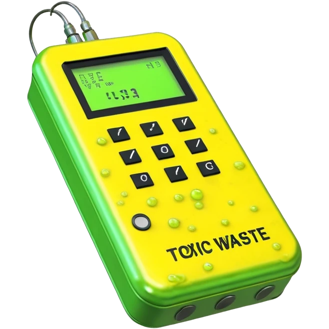 3D render of Geiger Counte, toxic waste aesthetic, neon green bubbling liquid, caution yellow metal, industrial warning texture. emoji