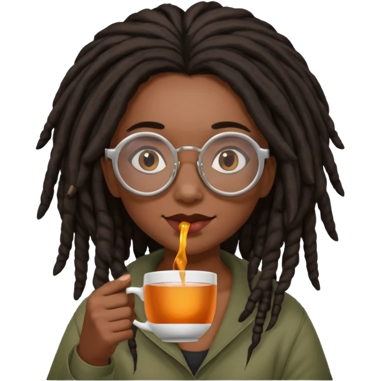 darker skin female with dark dreadlock hair wearing large round glasses sipping a cup of tea with her pinky out emoji
