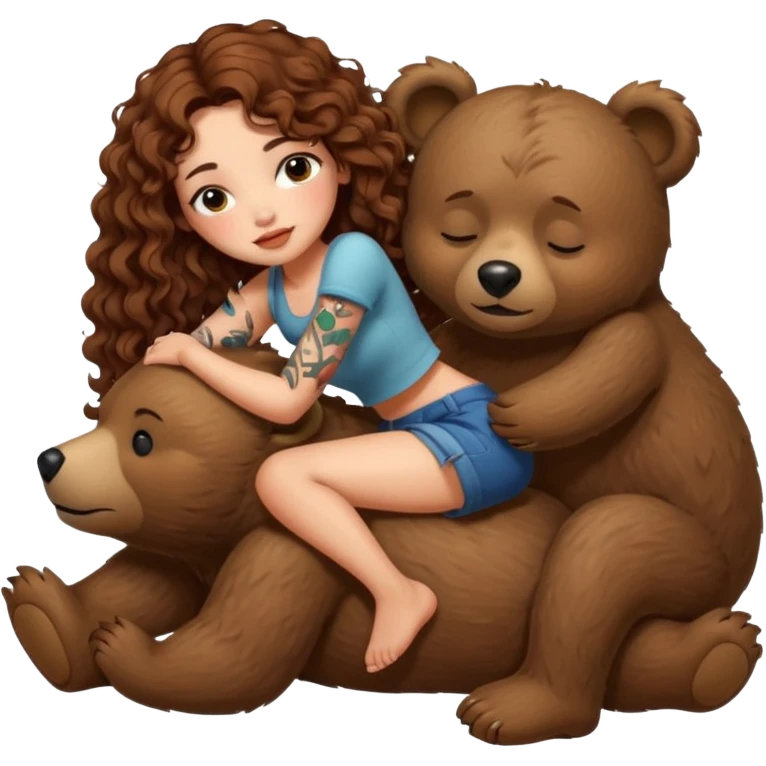 cute woman long curly brown hair tattoos riding sleepy bear emoji