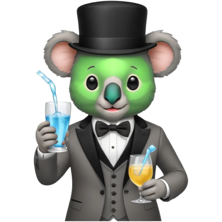 koala wearing suit, bowtie and top hat, holding glass of water emoji