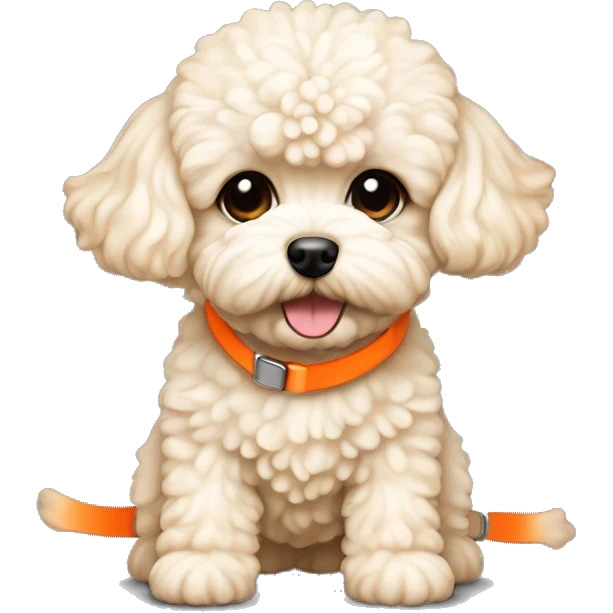 light cream color maltipoo dog with neon orange shoes emoji