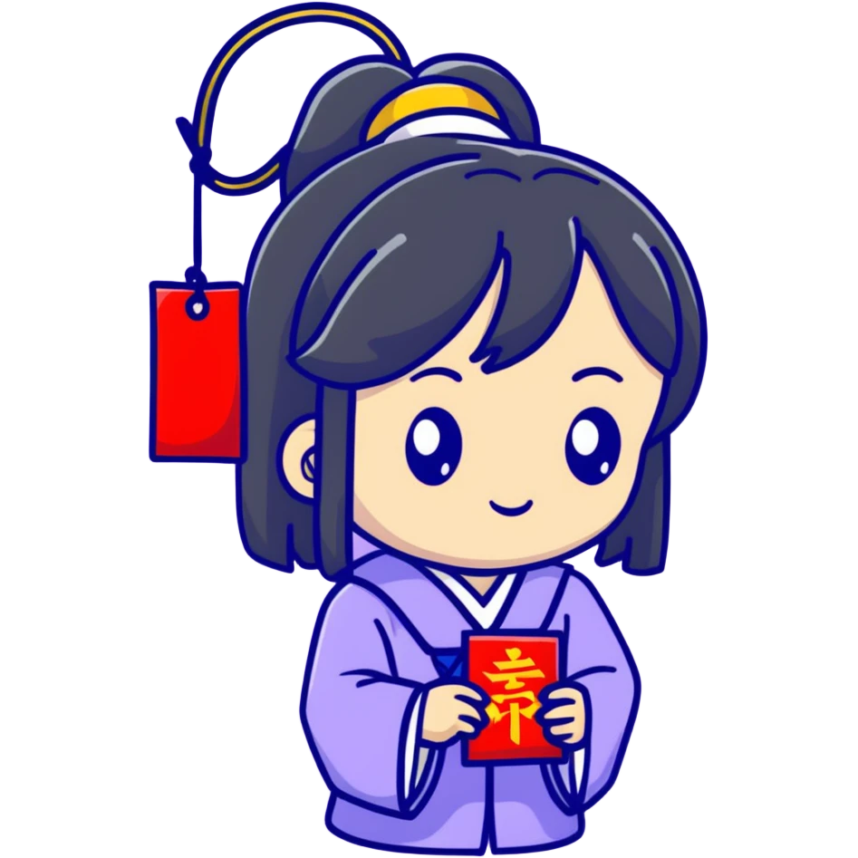 Cute Japanese high school girl buying omamori charm at shrine during school trip emoji