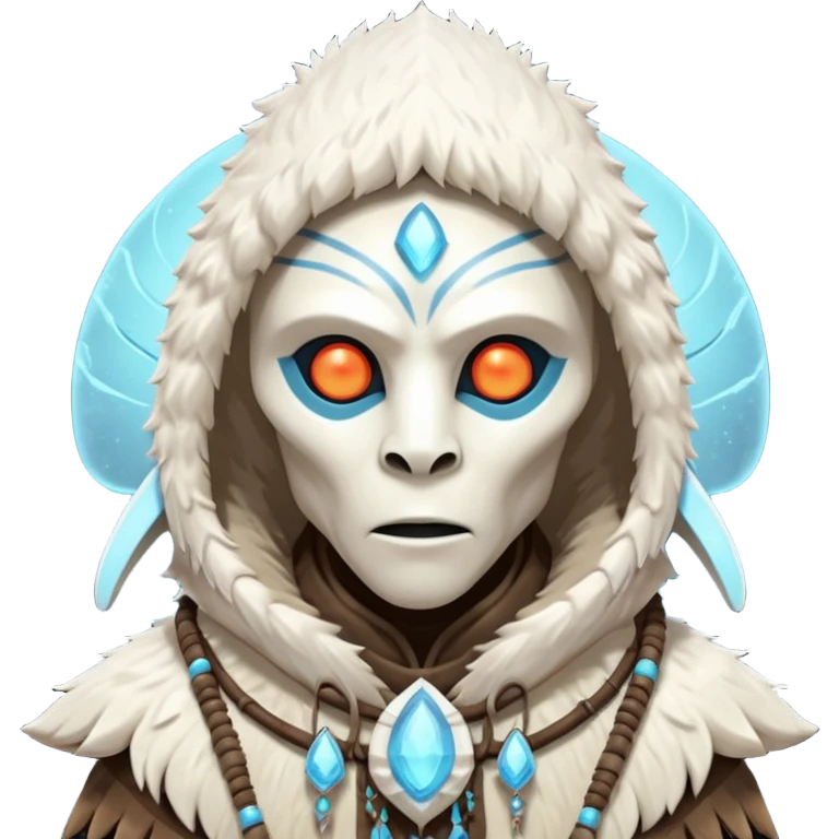 ancient arctic alien shaman portrait, head and shoulders only, Inuit-inspired fur hood, carved bone ornaments, glowing cosmic eyes, icy alien skin, spiritual sci-fi vibe, 3D cartoon, mobile game icon style, clean background, no text, no watermark


 emoji