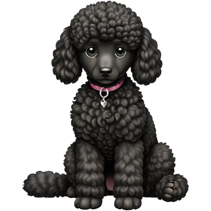 cinematic-[poodle]-realistic-full-body-sitting-emoji,-tail-resting-loosely-beside-its-paws,-head-tilted-dramatically, -curly-[black]-fur,-simplified-yet-realistic-focused-features,-highly-detailed,-glowing-with-an-almost-sarcastic-glow emoji