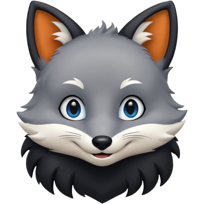 Grey anthropomorphic furry fox with a black coat, blue eyes, and a small fringe of black hair, smiling emoji