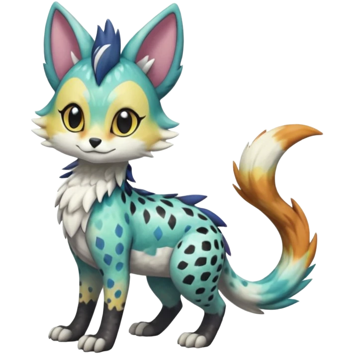 Colorful Shiny Scaly Furry Cute Realistic Meloetta-Trico-Silvally-Nargacuga-Sergal-Serval-Fakémon-creature-hybrid emoji