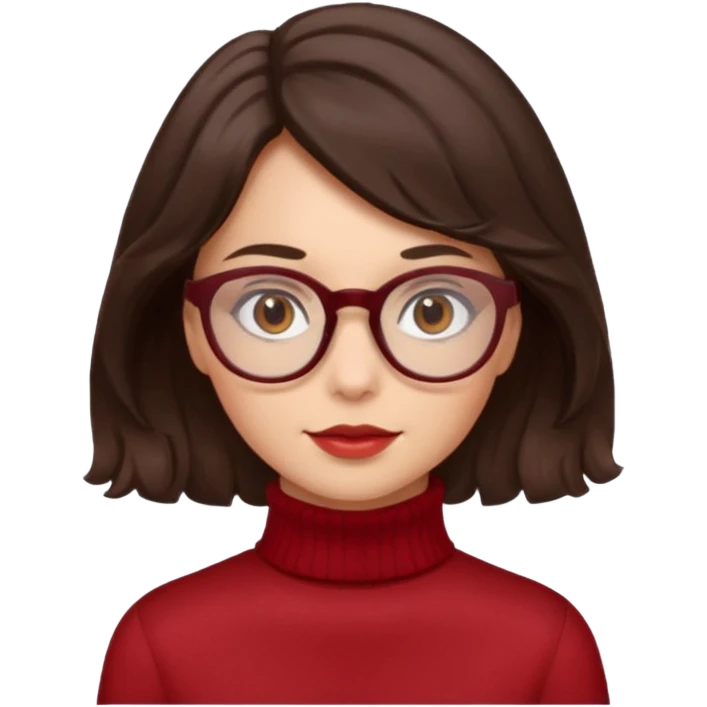 A girl has fair skin wavy dark brown hair, has glasses and almond brown eyes wears red turtle neck emoji