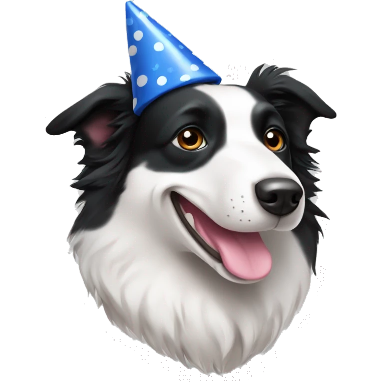 A black and white Border Collie with black spots wearing a party hat.   emoji