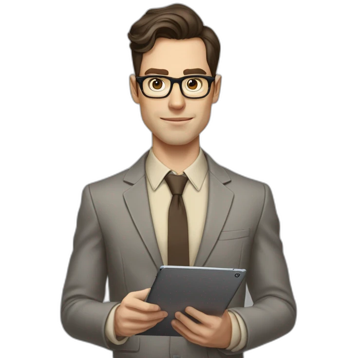 Pale skinned fit man with dark brown hair in gray jacket, beige office shirt, brown tie, brown pants and vintage glasses Writing on the tablet emoji