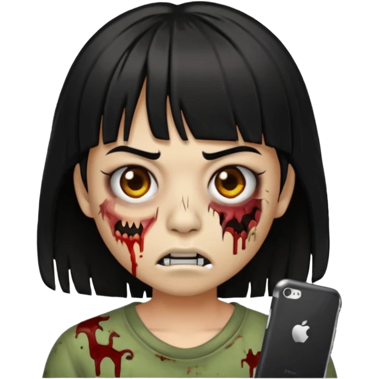 make a zoombie iphone emoji with medium black hair with bangs, piercing in both eyebrow and septum emoji
