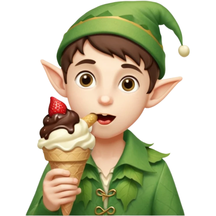 
A young elf boy in leafy clothes licking a triple-scoop ice cream with wide eyes.


A playful forest elf sitting on a log, balancing a huge ice cream tower in one hand.




 emoji