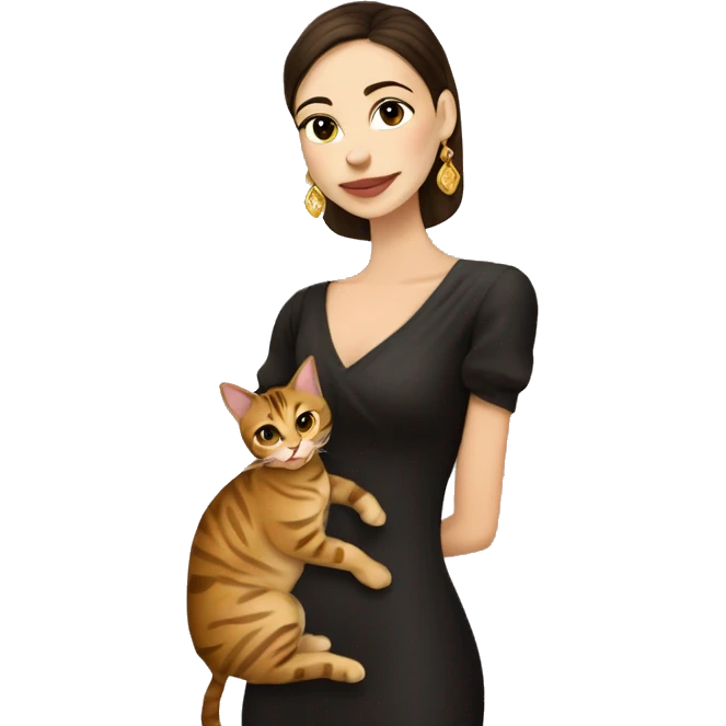 Beautiful skinny woman long dark brown hair in dark dress with gold earrings hug bengal cat emoji