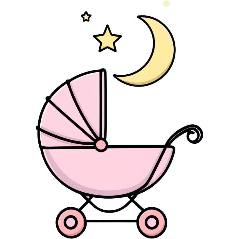 sleeping baby in pink and beige stroller under a crescent moon with sparkling stars and pastel blue clouds emoji